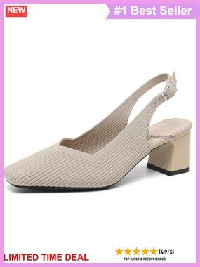 Slingback Pump Square Toe Chunky Block Heel Knit Comfortable